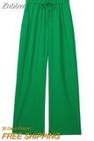 Znbbw TRAF Women Chic Side Pockets Loose Wide Leg Pants Vintage High Elastic Waist Drawstring Female Trousers Mujer