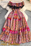 Znbbw Women Summer Dress Off Shoulder Open Shoulder Lotus Leaf Edge Close Waist Slim Print A-line  Big Hem Long Dress D2803