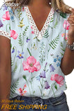 Znbbw V-neck Floral Print Blouse Women Short Sleeve Tops Fashion 2023 Cssual Shirts Female Loose Elegant Blouses Blusas 24785