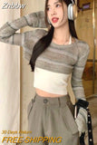 Znbbw Y2K Vintage Striped Cropped Sweater Women Harajuku Grunge Hollow Out Knitted Smock Tops Retro Casual Crochet Pullover