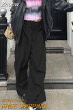 Znbbw Women Casual Baggy Wide Leg Cargo Pants Loose White Low Waist Drawstring Sweatpants Y2K Hip Hop Pocket Streetwear Long Trousers