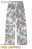 Znbbw TRAF Autumn Winter Pant Print Pockets Cargo Pant For Women High Waist Spliced Button Streetwear Loose Pants Female