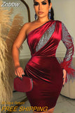 Znbbw Women Velvet Sexy Feather One Shoulder Mini Dress 2023 Long Sleeve Backless Elegant Gown Female Rhinestone Evening Dresses