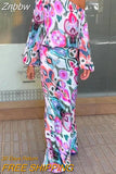 Znbbw Pattern Print Women Suit Casual Diagonal Neck Long Sleeve Top And High Waist Skirt Suit Ladies Fashion Slim 2 Piece Sets