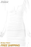 Znbbw V-Neck Puff Sleeve Ruched Dress Women Party Double Layer Long Sleeve Sexy Mini Dresses Elegant Femme Clubwear Clothing
