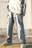 Znbbw Gothic Skull Skeleton Print Jeans 2023 Men High Waist Loose Straight Denim Pants Lovers Couple Street Casual Trousers