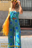 Znbbw TRAF Woman 2023 2 Pieces Sets Printed Knot Decoration Short Vest Tops + Wide Leg Long Pants Summer Causal Slim Sets