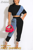 Znbbw Jean Patchwork Women Two 2 Piece Set 2023 Summer Tee And Jogger Pants Matching Set Female Suits