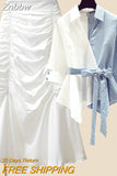 Znbbw Size Women's Summer Suit Elegant Women's 2023 New Women's Patchwork Shirt Top + High Waist Fishtail Skirt Two-piece Set