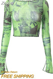 Znbbw See Trough Crop Top Vintage Graphic Print Green Mesh Sheer T-shirt Long Flare Sleeve Slim Fit Tee Women Clothes
