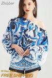 Znbbw Summer Blue and White Porcelain Print Off Shoulder Blouse Tops + High Waist Shorts Suit Runway 2 Pieces Set for Women