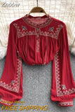 Znbbw Versatile Embroidery Shirt Women's Spring Autumn 2023 New Stand Collar Bohemian Loose Blouse Womens Tops G03