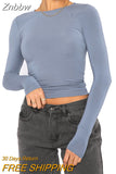 Znbbw Women Casual Long Sleeve Crop Tops Fall Spring Solid Color Round-Neck Short T-Shirts Female Slim Plain Bottoming Shirts