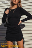 Znbbw Full Sleeve Dress 2023 Autumn New Women Fold Ruched Drawstring Slim Mini Dress Casual Streetwear O-Neck Dresses