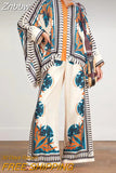 Znbbw Loose Boho Outfits Vintage Pattern Printed Two Piece Set Fashion Stand Neck Batwing Sleeve Shirt+Long Pants Women's Suits