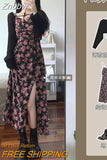 Znbbw Strap Floral Dress Summer Thin Strap Dress Crop Sun Top Shawl Clothing Waist Long Dress Matching Set for Women