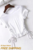 Znbbw Side Drawstring Tie Up Ruched Tank Tops Women Solid Color Slim Crop Top Ladies Streetwear Ribbed Knitted Tees