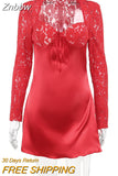 Znbbw Red Lace Sexy Mini Dress For Women Robe Full Sleeve Square Collar Lace-up Wrap Hip Bodycon Club Party Dress Vestido