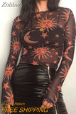 Znbbw Moon Printed Transparent Mesh Sexy T-Shirt Women O-Neck Long Sleeve Slim Basic Casual Female Tops 2023 Spring New