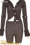 Znbbw Piece Set Women Stripe Printed Knitted Outfits Sexy Single Breasted Blouses+High Waist Shorts 2023 Spring Fall Fairy Grunge
