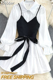 Znbbw New Spring Autumn New Fashion Casual Suit Female Korean Loose White Shirt Dress Slim Vest Dress Two-piece Set GD786