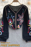 Znbbw Blouse Embroidered Top Spring Summer New V-neck Loose Lantern Sleeves Ethnic Cotton Linen Shirt Tide Female Blusa D1105