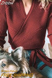 Znbbw Winter Knitted Sweater Women V-neck Slim Pullovers Sweater Ladies Wrap Sweaters Female Casual Sweater Jumper