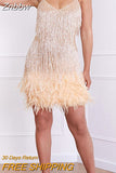 Znbbw Feather Stitching Dress Sexy Sequins Spaghetti Strap Fashion Mini Dresses 2023 Summer Slim V-Neck Evening Elegant Dresses