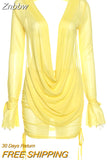Znbbw Sexy Deep V Neck Mini Mesh Dress Women Party Outfit Two Pieces Set 2023 See Through Long Sleeve Club Party Bodycon Dresses