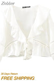 Znbbw TRAF 2023 Women Sexy Front Ruffles Cropped Shirt High waist Short Blouse Short sleeve French White Tops