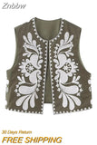 Znbbw TRAF Embroidered Open Waistcoats Women Cotton Basicos Femme Vests Women Sexy Cropped Tops Women Sleeveless Coats