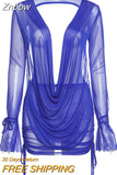 Znbbw Sexy Deep V Neck Mini Mesh Dress Women Party Outfit Two Pieces Set 2023 See Through Long Sleeve Club Party Bodycon Dresses