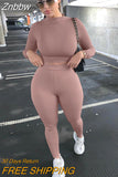 Znbbw 2-Pcs Women's Long Sleeve Sportswear Solid Color Elastic Crop Top Tight-fitting Long Pant Outfit Set