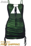 Znbbw Women's Sexy Black Mesh Patchwork Bodycon Mini Party dresses  Strap Green Dress Lace Up Y2K Robe Dress For Female 2023 Aesthetic