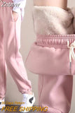 Znbbw Women Fleece Pants 2023 Winter Casual Hight Waist Elastic Lace-up Long Pants Fashion Loose Drawstring Sweatpants Plush Leggings