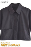 Znbbw TRAF Women Pockets Patch ShorWomen Pockets Patch Short Smock Blouse Lady Chic Kimono Cropped Shirt Blouse Tops For Women