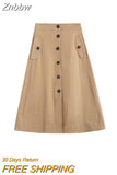 Znbbw 2023 Summer Autumn Skirt Women Loose Pockets Midi Khaki Skirt Women With Button