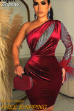 Znbbw Women Velvet Sexy Feather One Shoulder Mini Dress 2023 Long Sleeve Backless Elegant Gown Female Rhinestone Evening Dresses