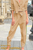 Znbbw Women Two Piece Set Autumn Fashion Solid Lapel Long Sleeve Button Jacket Irregular Pockets Pants Sets High Streetwear