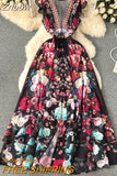 Znbbw Fashion Runway Gorgeous Flower Chiffon Cascading Ruffles Dress Women Deep V Neck Sleeveless Floral Print Boho Robe Vestidos