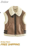 Znbbw TRAF 2023 Winter Women Thick Warm Fleece Faux Leather Jacket Sleeveless Waistcoat Coat Ladies Biker Vest Outwear Tops
