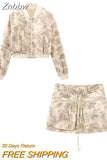 Znbbw TRAF Women Spring Pilot Jackets Skirt Sets 2023 Print Long Sleeved Short Coats Pockets Elastic Waist Mini Skirts Outwear