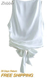 Znbbw TRAF Women Fashion With Tied Satin Back Open Crop Blouses Vintage O Neck Sleeveless Female Shirts Blusas Chic Tops