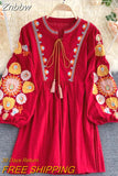 Znbbw New Bohemian Retro Folk Style Vestidos Female Heavy Industry Embroidery Round Neck Puff Sleeve Loose Mini Dress GL120