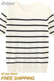 Znbbw TRAF 2023 Women Spring Summer Sweet Striped Jacquard Knitted Pullover Sweater Cute Slim O-neck Chic Short Zevity Jumpers