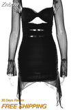Znbbw Sexy Hollow Out Mini Dress Women Robe Double Layer Mesh Strapless Full Sleeve Backless Skinny Party Short Dress Vestido