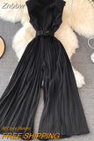 Znbbw Women Summer Temperament Fashion Round Neck Slim Slim Sleeveless Vest High Waist Slim Wide Leg Long Jumpsuit Female D0714
