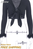 Znbbw long sleeve fur V-neck wrapped bandage sexy crop tops autumn winter women streetwear club party outfits T-shirts