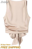 Znbbw TRAF Women Fashion With Tied Satin Back Open Crop Blouses Vintage O Neck Sleeveless Female Shirts Blusas Chic Tops
