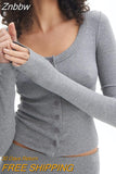 Znbbw Women Black Basic T-shirt Rib Knitted Button Up Long Sleeve Tees Vintage Cottage Y2K Fairy Grunge Crop Tops 2000s Retro Clothes